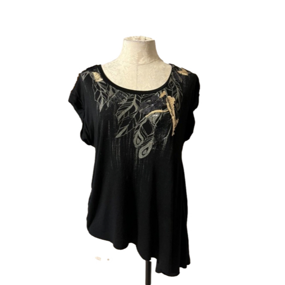 Miss Me TShirt Top M Medium Black Gold Gray Asymetrical Sequin Short Sleeve